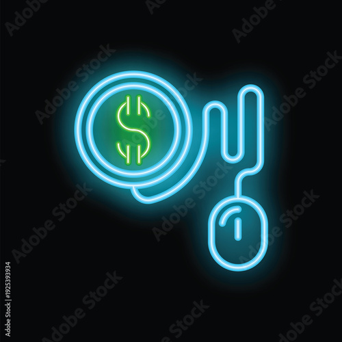 Neon icon of a computer mouse connected to a dollar coin, representing the concept of online earnings