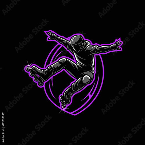 Dynamic inline skater performing a freestyle trick with a vibrant purple outline