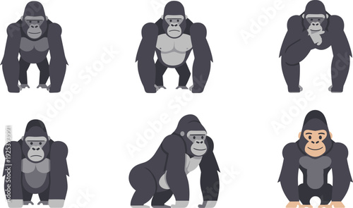 Gorilla Character Pose Collection Primate Animal Cartoon and Realistic Style Vector Set Isolated for Mascot Logo Wildlife and Educational Design.