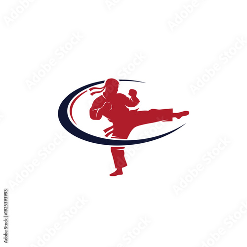 Dynamic Martial Arts Silhouette of a Karate Fighter in Mid-Kick, Emblematic Design