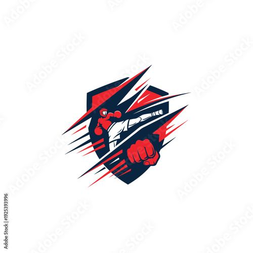 Dynamic Kickboxing Fighter Emblem with Punching Fist and Kicking Leg on Shield