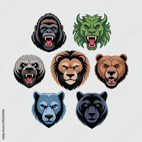 Set of wild animal heads vector cartoon