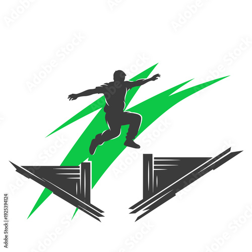 Dynamic Silhouette of an Athlete Performing a Rooftop Parkour Jump Over Obstacles