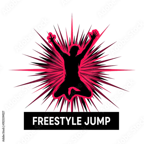 Dynamic silhouette of a person performing a freestyle jump with a radiating energy burst and the text FREESTYLE JUMP