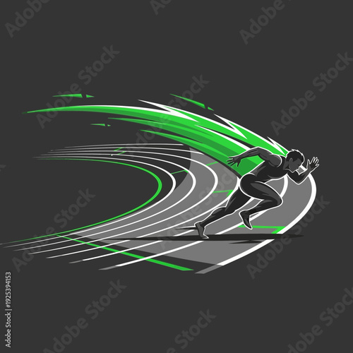 Dynamic runner sprinting on a curved track with green motion lines representing speed and acceleration