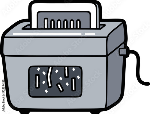 Simple cartoon drawing of a gray toaster with toast inside.