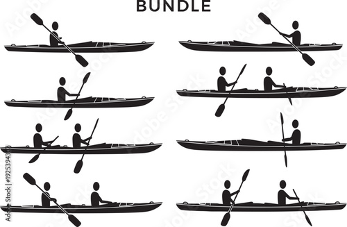 Collection of kayaking silhouette vector illustrations featuring single and double paddlers in various positions, outdoor adventure sports bundle design for recreation, fitness, an