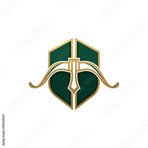 Green and gold shield with crossbow design, a symbol of archery and defense