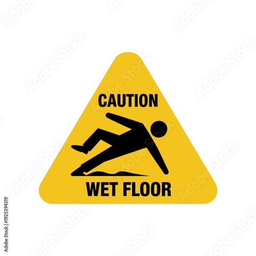 Yellow triangular caution sign warns about a slippery wet floor hazard.