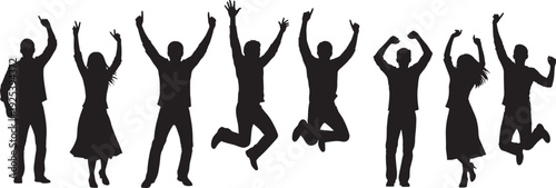 Energetic black silhouette figures of people jumping, celebrating, and raising arms in joyful poses, symbolizing success, happiness, teamwork, motivation, and group enthusiasm on white background.