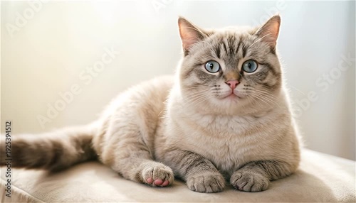 Wallpaper Mural Fluffy, light-colored cat with striking blue eyes sitting on a beige cushion and slowly turning its head from side to side to observe its surroundings. Torontodigital.ca