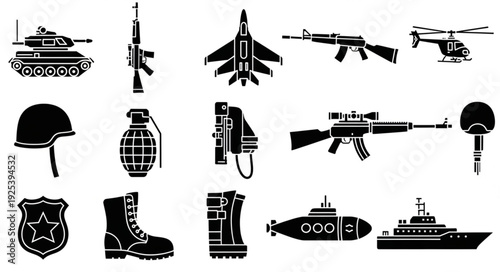 Collection of military and police equipment icons.