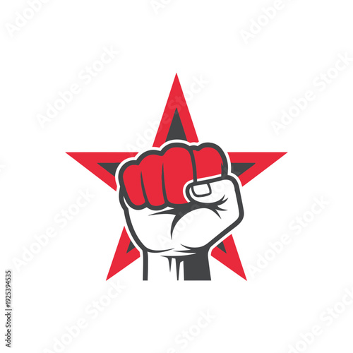 Red fist raised in front of a stylized red star, symbolizing revolution and power