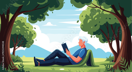 Senior man with white hair lies on the green grass under trees while reading an interesting book in a peaceful public park.