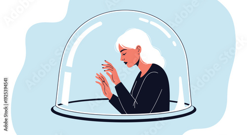 Woman with long white hair trapped inside a glass dome looking down with sadness representing isolation and social anxiety issues.