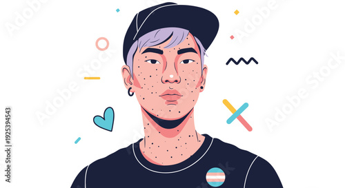 Young person with purple hair and a black baseball cap wears a transgender flag pin on their black t-shirt against white.