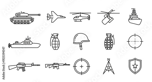 Collection of military equipment and symbols hand drawn icons.