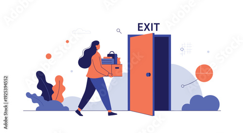 Young woman carrying cardboard boxes with her personal belongings towards an open office door with an exit sign on top of it.