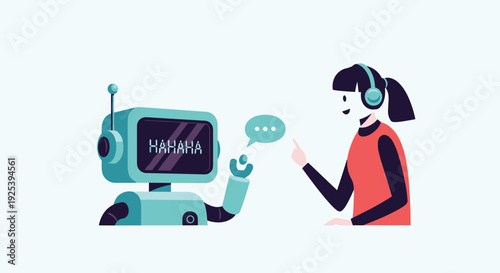 Cute turquoise robot communicating with a young girl wearing headphones through a digital speech bubble in a futuristic room.
