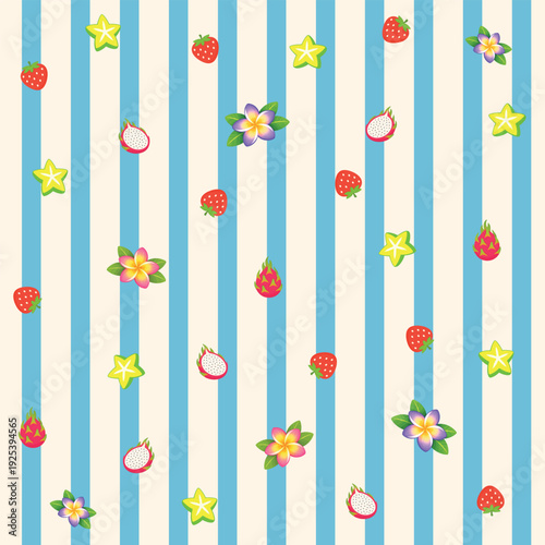 Seamless pattern featuring strawberries, dragon fruit, starfruit slices and plumeria flowers scattered over a vertical blue and beige striped background. Bright flat vector style with tropical summer 