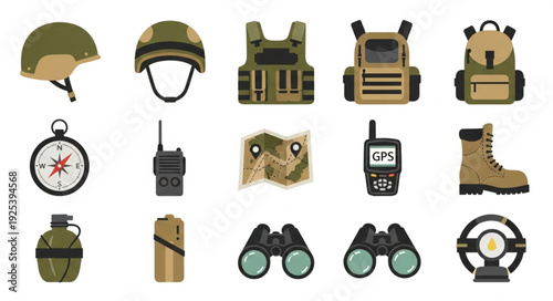 Collection of military equipment and survival gear icons.