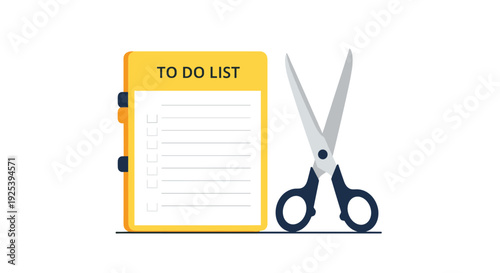 Yellow to do list notebook with empty checkboxes placed next to a pair of large metal scissors on a clean white surface.