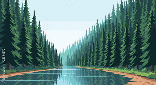 Beautiful landscape of a clear blue river flowing through a dense forest of green pine trees under a light hazy blue sky.