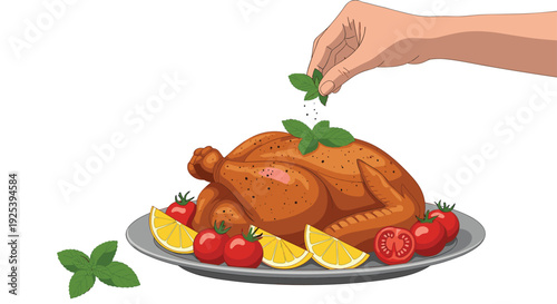 Human hand adding fresh green mint leaves to a perfectly roasted whole chicken platter decorated with tomatoes and lemons.