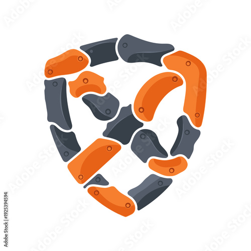 Shield shaped climbing wall grips in orange and gray, isolated on transparent background