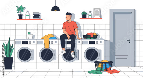 Young man in a red t-shirt sitting on a white washing machine in a clean laundry room with plants and baskets of clothes.