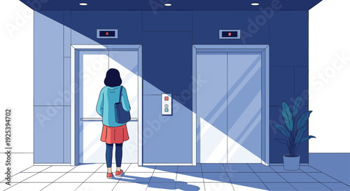 Young woman with a shoulder bag stands in a modern building hallway while waiting for an elevator to arrive at the floor during her commute.