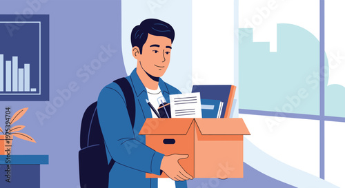 Smiling young man carries a cardboard box full of office supplies while walking away from his workplace after getting a new job or promotion.
