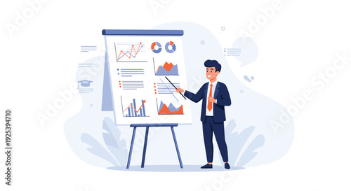 Confident businessman in a formal suit uses a pointer to explain data and statistics on a flipchart during a professional corporate presentation.