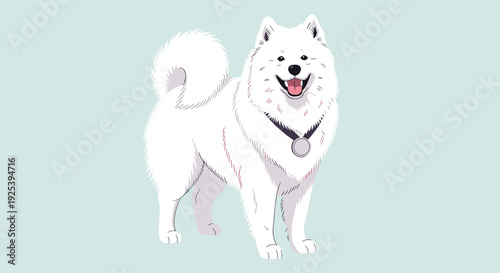 Happy Samoyed dog with fluffy white fur stands proudly while wearing a circular silver medal around its neck against a pale blue background.