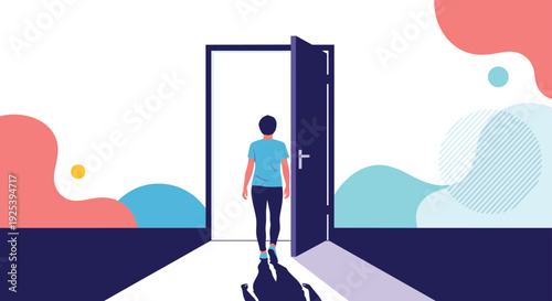 Lone person walks through an open dark door towards a bright light to represent new opportunities, hope, and the beginning of a fresh journey.