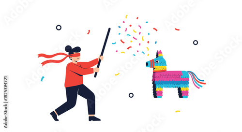 Blindfolded woman swings a wooden stick to hit a colorful horse-shaped pinata during a fun birthday party or festive celebration with friends.