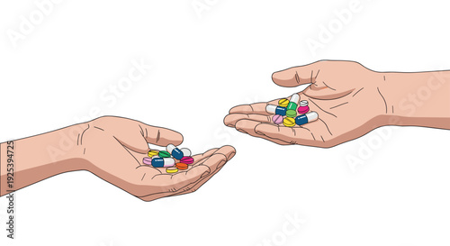 Close-up view of two human hands exchanging a large variety of colorful medical pills, capsules, and tablets for health treatment or pharmacy.