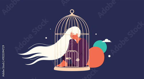 Sad woman with extremely long white hair sits curled up inside a large wire birdcage to symbolize feelings of isolation, entrapment, or sorrow.