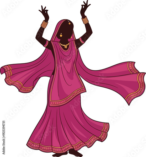 Silhouette of a graceful female Indian classical dancer wearing a vibrant magenta traditional costume and ornate jewelry performing a mudra