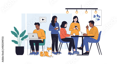 Group of diverse colleagues and friends socialize and work together in a modern cafe or co-working space with laptops, coffee, and a pet dog.