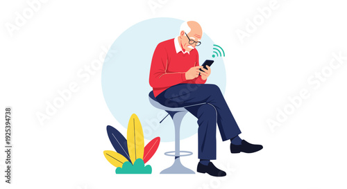 Senior man with glasses sits on a high stool while focused on using his mobile smartphone to browse the internet or communicate with family.