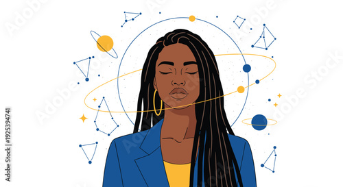 Black woman with long braids meditates with her eyes closed while golden celestial symbols and planets rotate around her head in a cosmic space.