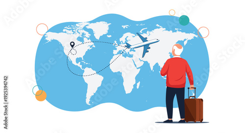 Older man with a suitcase stands in front of a blue world map and flight path as he prepares for a global travel adventure during retirement.
