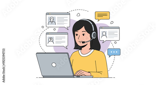 Friendly female customer support representative wears a headset and works on her laptop while multiple chat bubbles appear in the background.