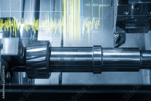 Abstract industrial concept of a CNC lathe machine finishing a metal shaft, integrated with a digital monitoring graph for real-time production analytics.