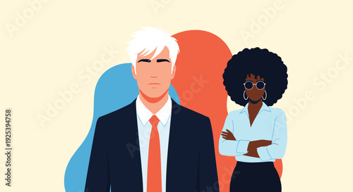 Professional man in a suit and woman with an afro stand together looking forward to represent leadership, partnership, and business success.