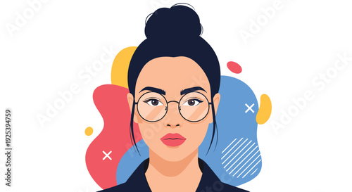 Portrait of a young woman with a hair bun and round glasses stands against a colorful abstract background with geometric shapes and patterns.