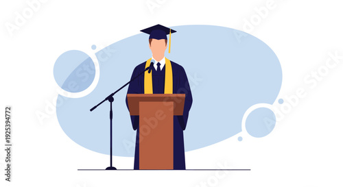 Male graduate wearing an academic cap and gown stands behind a wooden podium to deliver a speech during a university commencement ceremony.