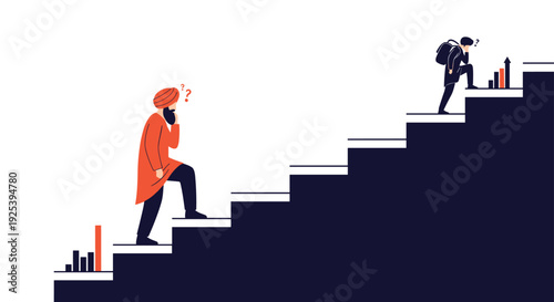 Two men representing different cultures climb a set of black stairs towards success and career growth while looking thoughtful and ambitious.