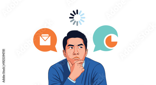 Thoughtful man with his hand on his chin looks upwards at loading icons and email symbols to represent decision-making or waiting for data.